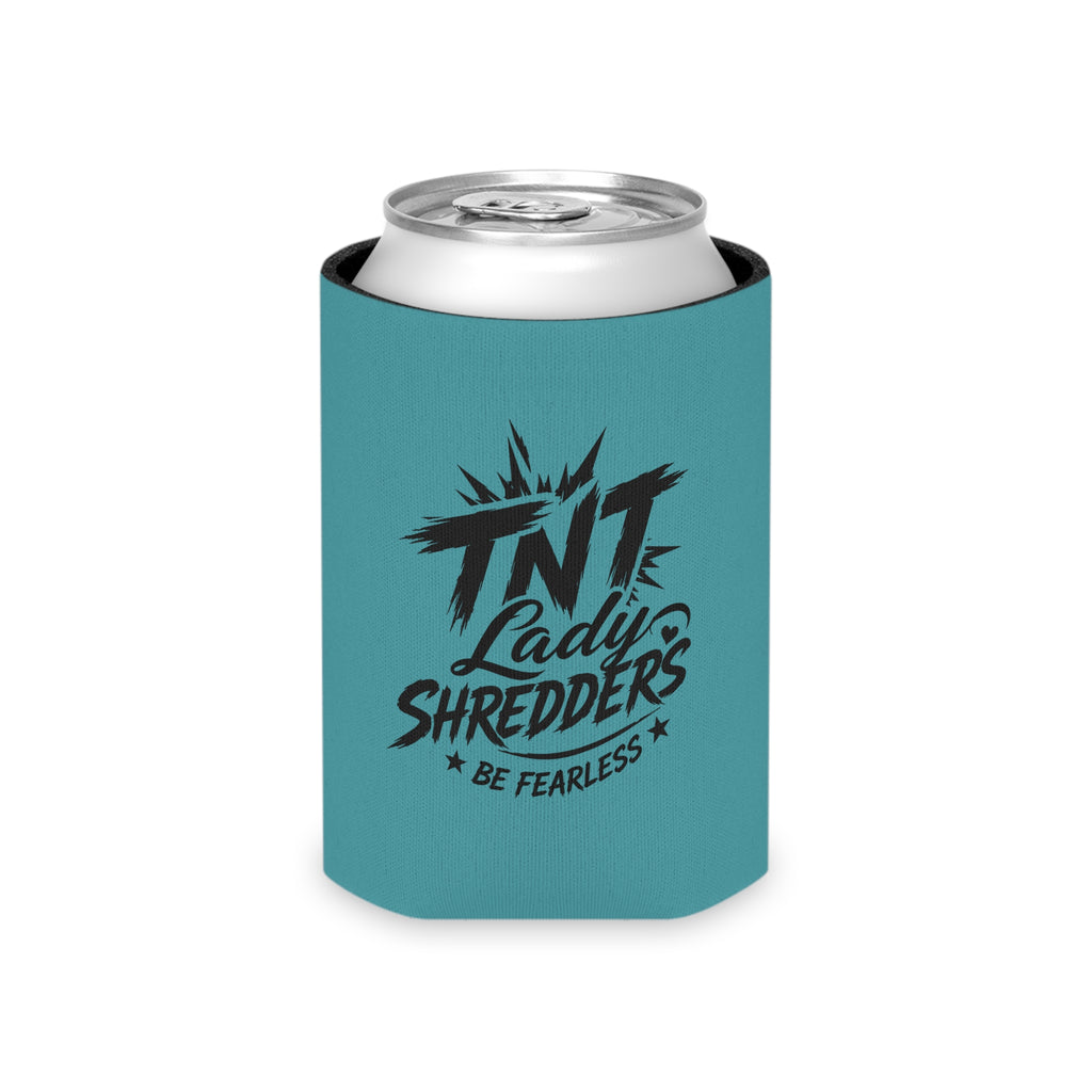 Can Cooler — "TNT Lady Shredders" / "Less Roads. More Stories." Teal Drink Koozie