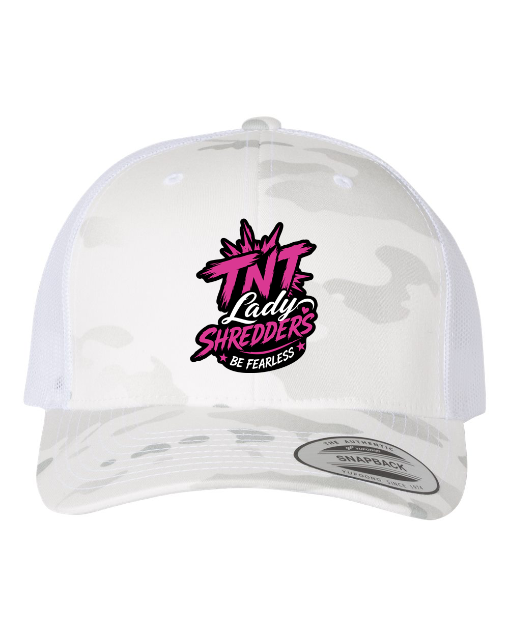 TNT White Alpine Camo Hat — white alpine camo snapback hat, TNT Lady Sledders